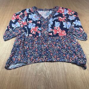 Isaac Mizrahi Live Floral Blouse Navy Pink Blue V Neck 3/4 Sleeve Womens L
